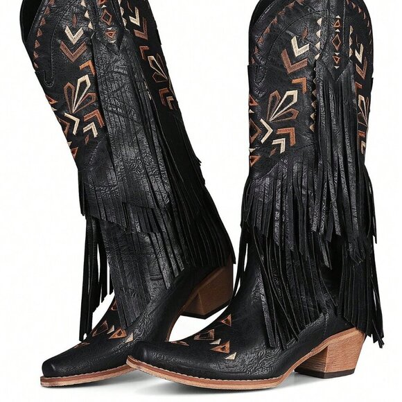 Black Bohemian Women's Fringe Tassel Cowgirl Western Chunky High Heels Boots - Picture 6 of 6